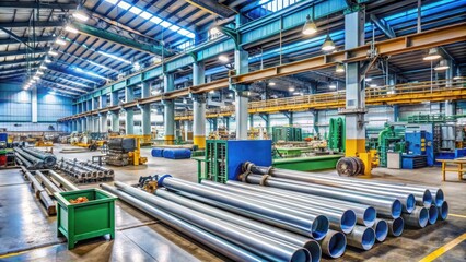 Workshop with machinery tools and equipment for production of metal pipes and tubes in factory