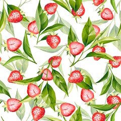 Seamless pattern with tea leaves and strawberry. Floral background.