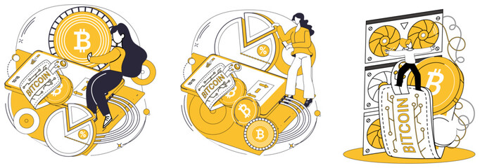 Bitcoin mining vector illustration. Production, workshop, churns out digital coins as Bitcoin mining becomes economic activity Cryptocurrency, newcomer, disrupts traditional finance, challenging