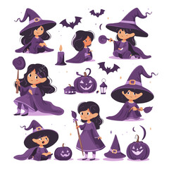  illustration vector Halloween Witch set isolated on white background, Witch with a dark dress and hat and Halloween set, pumpkin