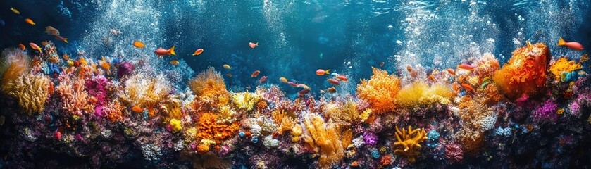 Fototapeta premium Rear view of a vibrant underwater world, merging with culinary delights, captured by a drone, bright colors and textures intertwining