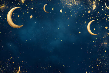 Fototapeta premium Eid background with crescent moons and stars in gold against a deep blue sky