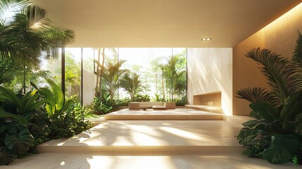 tropical plants and sunlight complementing a minimalist architectural space, creating a peaceful and natural environment with modern design, clean structures, and outdoor elegance