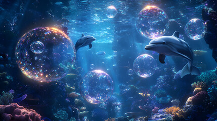Underwater Scene with Dolphins and Glowing Bubbles