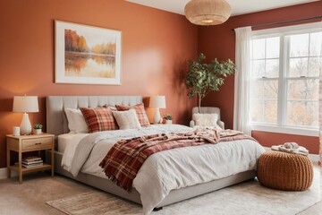 Cozy bedroom in a warm autumn color theme.