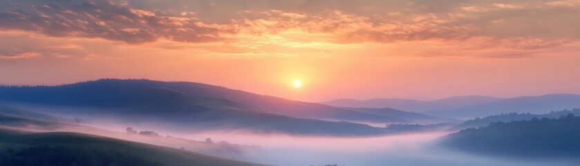 Fototapeta premium Stunning Sunrise Over Rolling Hills with Misty Valleys and Colorful Sky