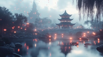 Fototapeta premium A serene landscape with a Chinese pagoda at dusk, surrounded by red lanterns and firecrackers on display for New Year celebrations.