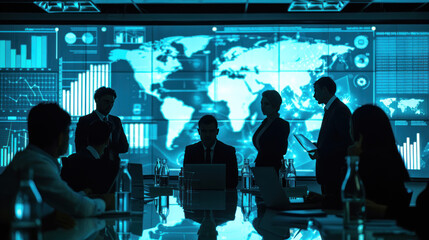 A corporate leadership team at an international summit presenting their global expansion plans, with digital projections of financial data and world markets.