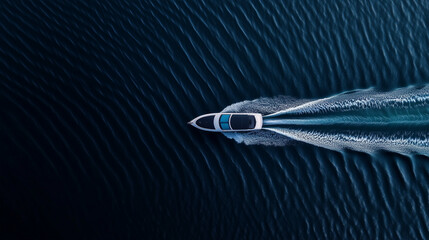 Drone Shot of a Sleek White Speedboat Carving a Dramatic Path Through Vibrant Blue Ocean Waters, Perfect for Summer Adventure Imager