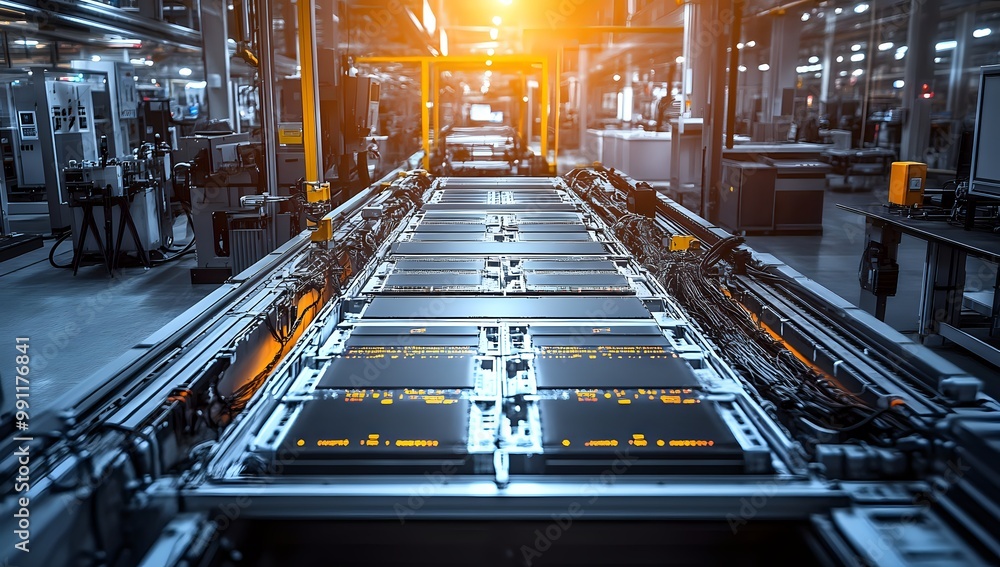 Aufkleber close up of an assembly line in a modern factory with rows of electronic components moving along the