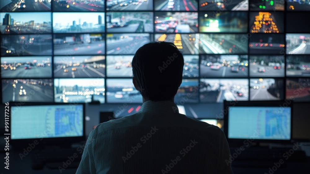 Poster a person monitors multiple screens displaying traffic and city scenes in a control room.