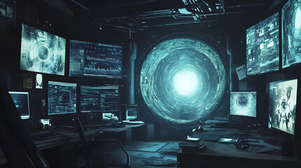 Futuristic Control Room with Large Portal and Multiple Monitors