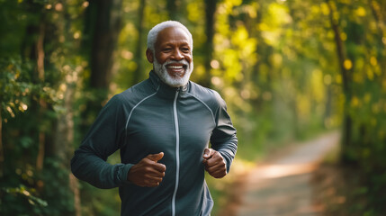 Obraz premium Senior Man Smiling While Jogging in the Woods