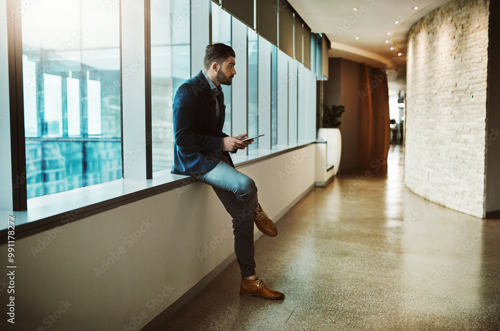 Poster Thinking, tablet and business with man in office for planning, rpa management and ai software development. Networking, technology and chatbot project with person in digital agency for startup