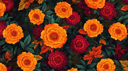 Fototapeta premium A lush marigold floral pattern, with intricate detailing and bright colors, forming a beautiful, nature-themed background