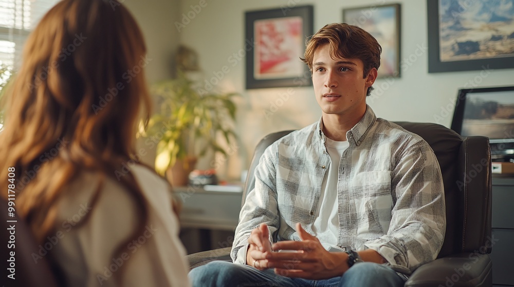 Poster man sitting in a chair talking to a woman, sharing a friendly conversation and communication exchang