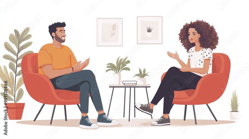 Poster man sitting in a chair talking to a woman, sharing a friendly conversation and communication exchang