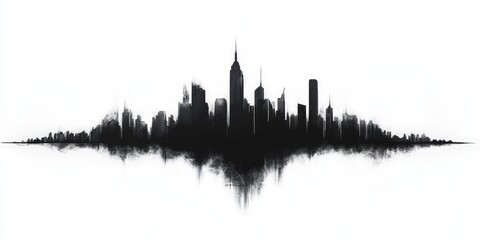 Fototapeta premium Dark city skyline silhouette with skyscrapers, fading into a foggy background, creating an ominous and atmospheric design.