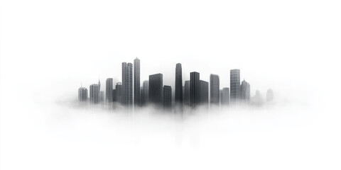 Fototapeta premium Abstract fog-covered city skyline with tall skyscrapers fading into mist, creating a surreal atmosphere.