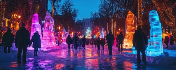 A vibrant winter scene featuring illuminated ice sculptures and visitors enjoying the winter festivities in a beautiful setting.