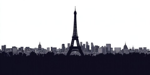 Obraz premium Silhouette of the Eiffel Tower standing tall in a minimalistic city skyline, with modern buildings and clear contrast between the structures.