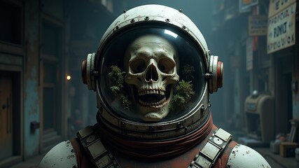 The suit contains a skull with a bouquet of plants on it