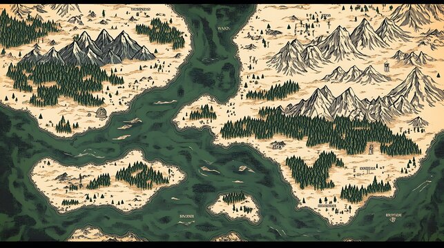 Hand-drawn map of a fantasy world with mountains, forests, and rivers.