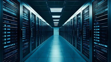 Server room interior with aligned server racks and blue lighting.