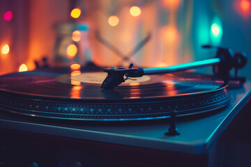 Obraz premium A close-up of a vintage turntable with a vinyl record spinning. The scene is illuminated by colorful bokeh lights in the background, creating a warm and nostalgic atmosphere.
