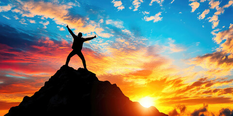Obraz premium Silhouette of a person standing victoriously atop a mountain peak at sunset, with arms raised in triumph. The sky is filled with dramatic clouds and vibrant colors, symbolizing achievement..