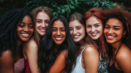 Fototapeta premium A close-up of six smiling friends enjoying time together in a natural outdoor setting.