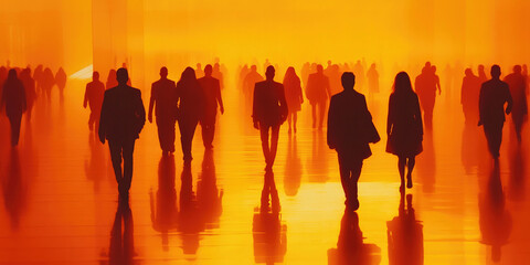 Silhouettes of businesspeople walking in a large group, set against a bright orange background with reflections, symbolizing ambition and energy.