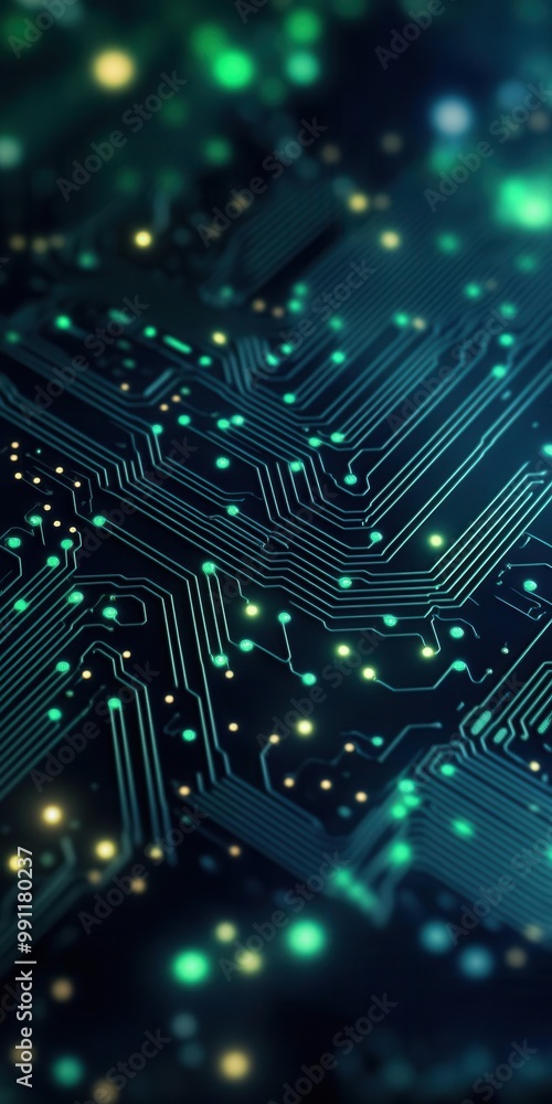 Poster blue and green abstract electronic pcb background with intricate 3d circuit paths and glowing elemen