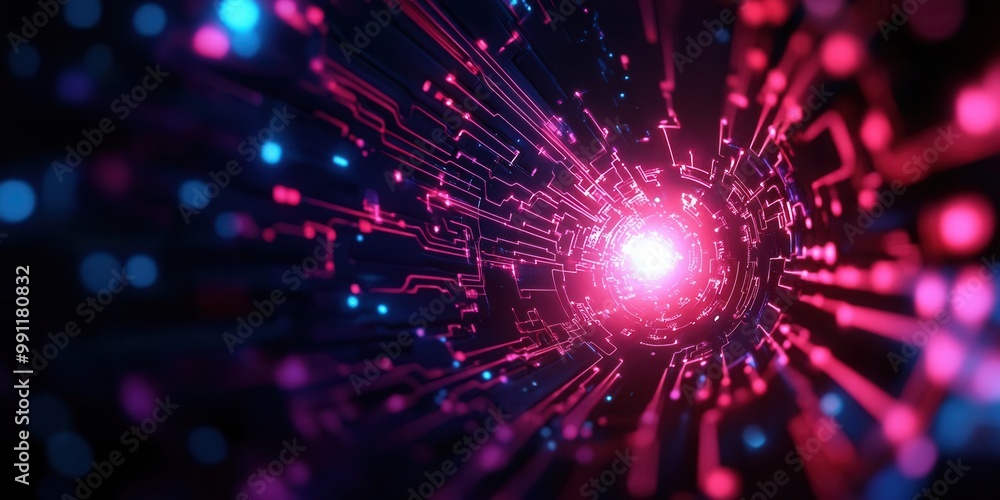 Poster vibrant digital abstract with luminous lines and glowing particles radiating from a central point, s