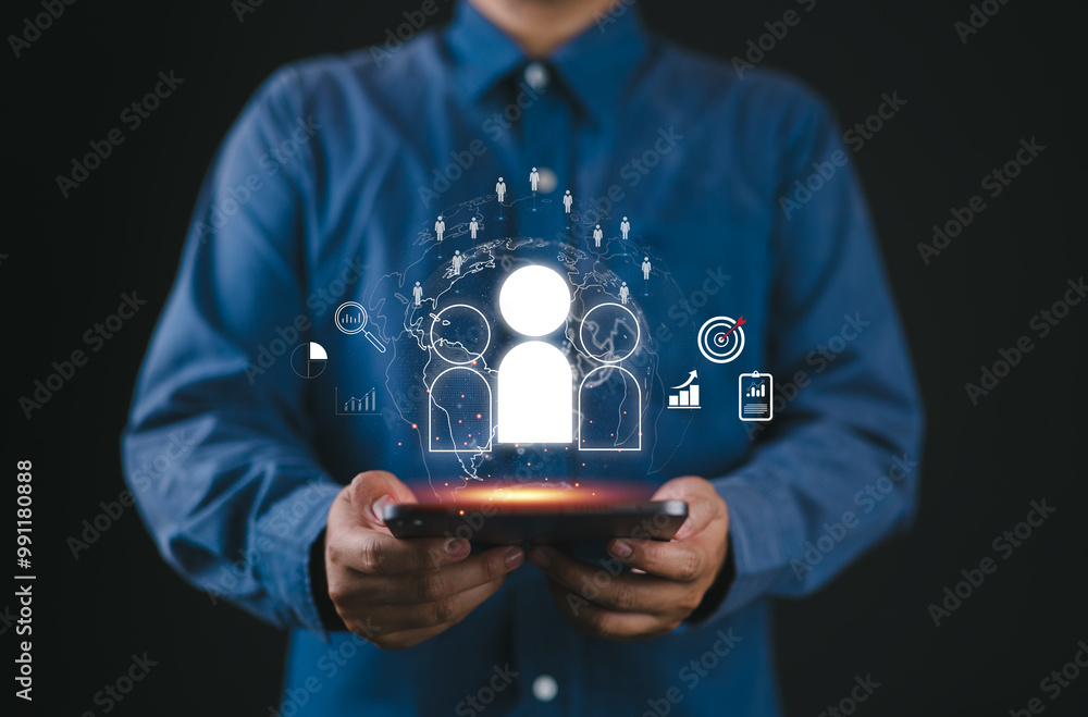 Aufkleber Hr, human resources concept. Customer Relationship Management CRM. Businessman hand, global network client service. Analytics automation Ai technology. Business big data partner solution development