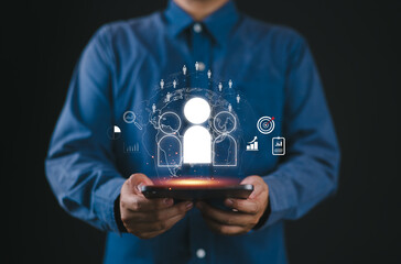 Hr, human resources concept. Customer Relationship Management CRM. Businessman hand, global network client service. Analytics automation Ai technology. Business big data partner solution development