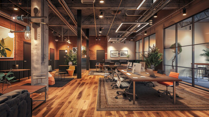 A coworking space where freelancers can rent desks or use communal tables, with access to shared office resources and networking events.