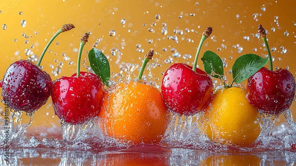 Poster a row of cherries and oranges splashing in water with a golden background.