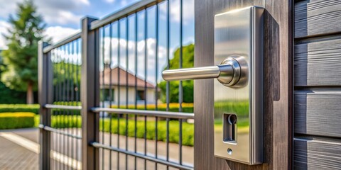 Gate lock on a metal fence of a modern house featuring a sleek handle and doorknob