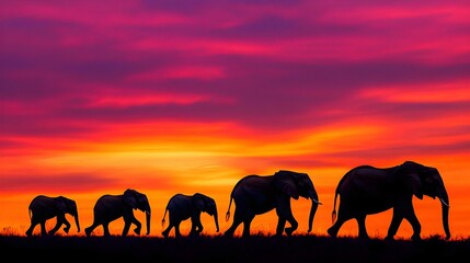 Obraz premium Silhouetted elephants walking against a stunning sunset backdrop.