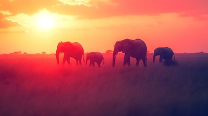 Fototapeta premium Silhouetted elephants walking during a vibrant sunset in the savannah.