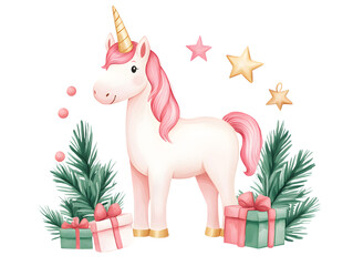 Naklejka premium Cute Unicorn with Christmas Decorations in Fantasy Style