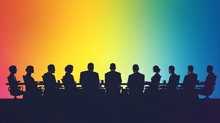 Silhouettes of people in a conference, colorful gradient background.