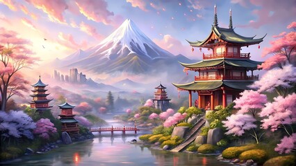 Fototapeta premium fantasy illustration of natural field in japan, river, mountain and forest