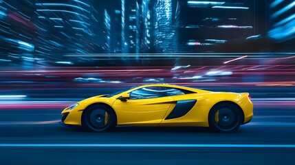 Sleek yellow sports car in motion against a vibrant city backdrop