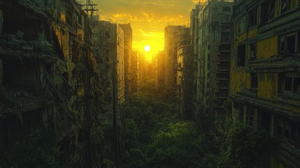 Wide-angle view of a crumbling cityscape, nature reclaiming concrete, twilight hues embracing shadows