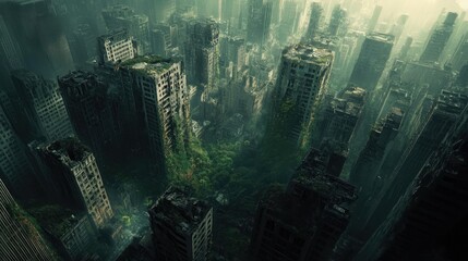 Obraz premium Wide-angle view of a crumbling cityscape, nature reclaiming concrete, twilight hues embracing shadows