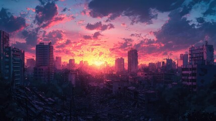 Obraz premium Wide-angle view of a crumbling cityscape, nature reclaiming concrete, twilight hues embracing shadows