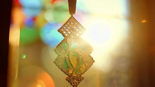 Camera zooms in on a traditional hamsa amulet during purim.