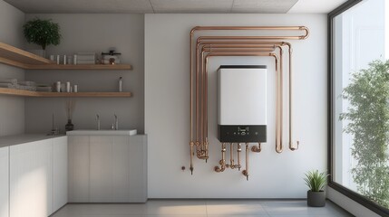 A modern tankless water heater, mounted on the wall in a pristine utility room, with copper pipes neatly connected